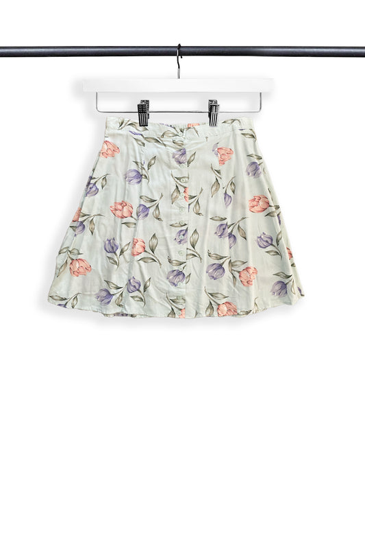 1990s Blue Button-Up Floral Skirt - Size 26